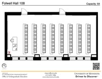 Plan view of the classroom that provides room capacity, seating locations and exits. A QR code links to room schedule and contact information is in the footer