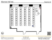 Plan view of the classroom that provides room capacity, seating locations and exits. A QR code links to room schedule and contact information is in the footer