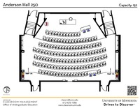 Plan view of the classroom that provides room capacity, seating locations and exits. A QR code links to room schedule and contact information is in the footer