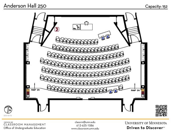 Plan view of the classroom that provides room capacity, seating locations and exits. A QR code links to room schedule and contact information is in the footer