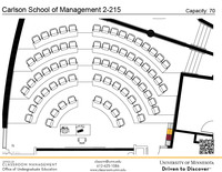 Plan view of the classroom that provides room capacity, seating locations and exits. A QR code links to room schedule and contact information is in the footer