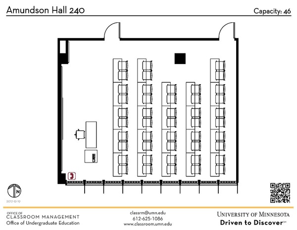 Plan view of the classroom that provides room capacity, seating locations and exits. A QR code links to room schedule and contact information is in the footer