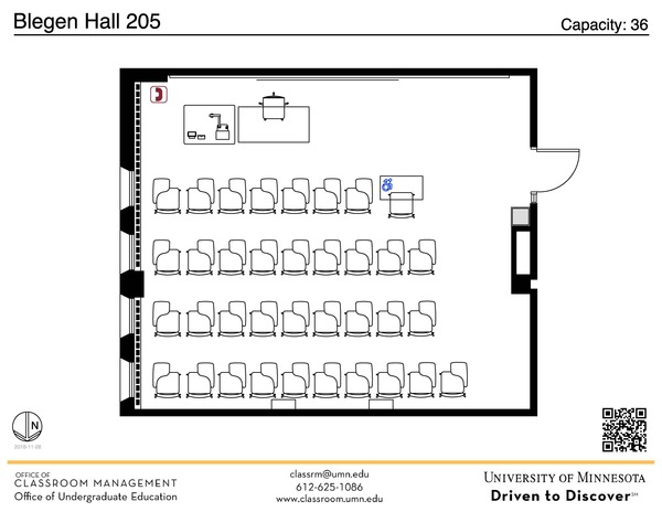 Plan view of the classroom that provides room capacity, seating locations and exits. A QR code links to room schedule and contact information is in the footer