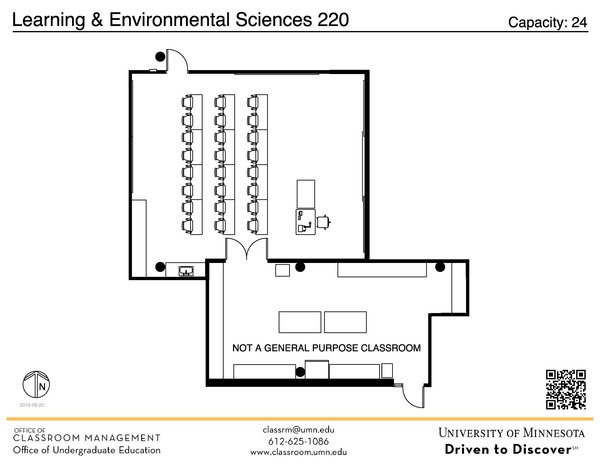 Plan view of the classroom that provides room capacity, seating locations and exits. A QR code links to room schedule and contact information is in the footer