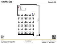 Plan view of the classroom that provides room capacity, seating locations and exits. A QR code links to room schedule and contact information is in the footer