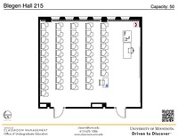 Plan view of the classroom that provides room capacity, seating locations and exits. A QR code links to room schedule and contact information is in the footer