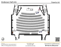 Plan view of the classroom that provides room capacity, seating locations and exits. A QR code links to room schedule and contact information is in the footer