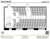 Plan view of the classroom that provides room capacity, seating locations and exits. A QR code links to room schedule and contact information is in the footer