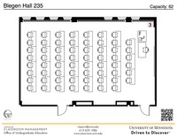 Plan view of the classroom that provides room capacity, seating locations and exits. A QR code links to room schedule and contact information is in the footer