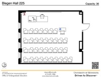 Plan view of the classroom that provides room capacity, seating locations and exits. A QR code links to room schedule and contact information is in the footer