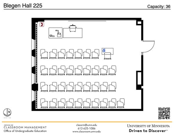 Plan view of the classroom that provides room capacity, seating locations and exits. A QR code links to room schedule and contact information is in the footer