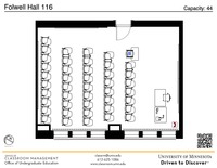 Plan view of the classroom that provides room capacity, seating locations and exits. A QR code links to room schedule and contact information is in the footer