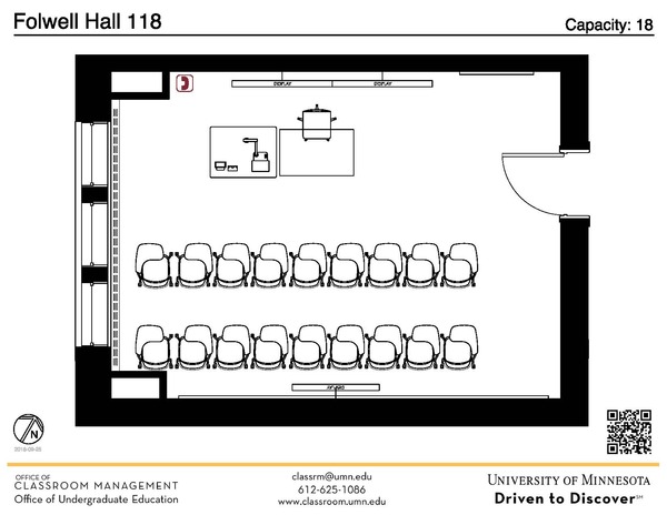 Plan view of the classroom that provides room capacity, seating locations and exits. A QR code links to room schedule and contact information is in the footer