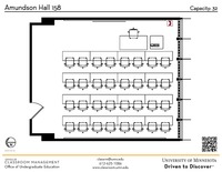 Plan view of the classroom that provides room capacity, seating locations and exits. A QR code links to room schedule and contact information is in the footer