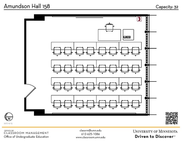 Plan view of the classroom that provides room capacity, seating locations and exits. A QR code links to room schedule and contact information is in the footer