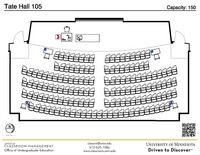 Plan view of the classroom that provides room capacity, seating locations and exits. A QR code links to room schedule and contact information is in the footer