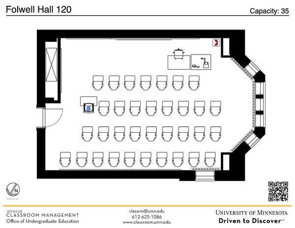 Plan view of the classroom that provides room capacity, seating locations and exits. A QR code links to room schedule and contact information is in the footer