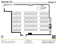 Plan view of the classroom that provides room capacity, seating locations and exits. A QR code links to room schedule and contact information is in the footer