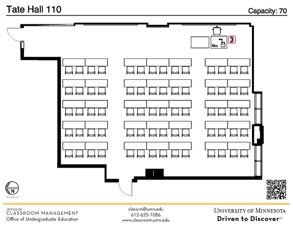 Plan view of the classroom that provides room capacity, seating locations and exits. A QR code links to room schedule and contact information is in the footer