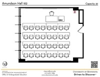 Plan view of the classroom that provides room capacity, seating locations and exits. A QR code links to room schedule and contact information is in the footer