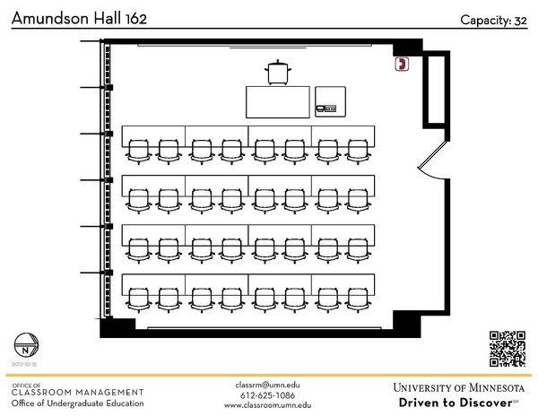 Plan view of the classroom that provides room capacity, seating locations and exits. A QR code links to room schedule and contact information is in the footer