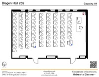 Plan view of the classroom that provides room capacity, seating locations and exits. A QR code links to room schedule and contact information is in the footer