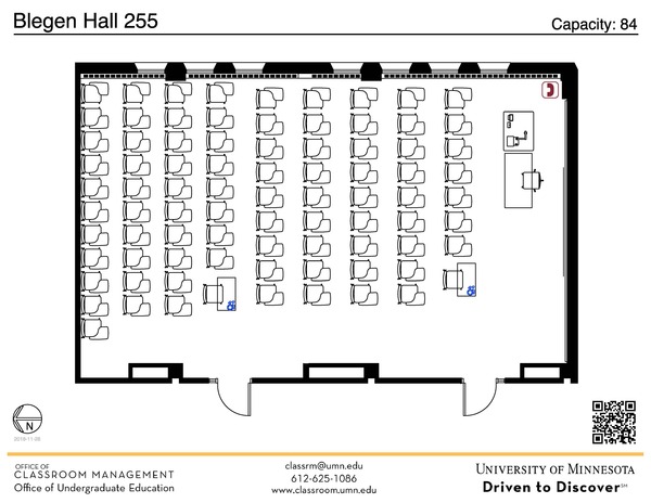 Plan view of the classroom that provides room capacity, seating locations and exits. A QR code links to room schedule and contact information is in the footer