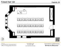 Plan view of the classroom that provides room capacity, seating locations and exits. A QR code links to room schedule and contact information is in the footer