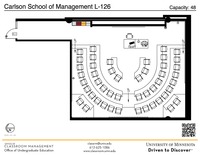 Plan view of the classroom that provides room capacity, seating locations and exits. A QR code links to room schedule and contact information is in the footer