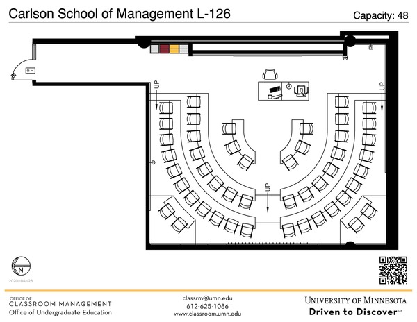 Plan view of the classroom that provides room capacity, seating locations and exits. A QR code links to room schedule and contact information is in the footer