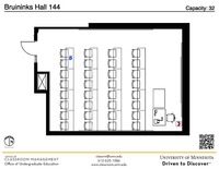 Plan view of the classroom that provides room capacity, seating locations and exits. A QR code links to room schedule and contact information is in the footer