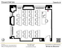 Plan view of the classroom that provides room capacity, seating locations and exits. A QR code links to room schedule and contact information is in the footer