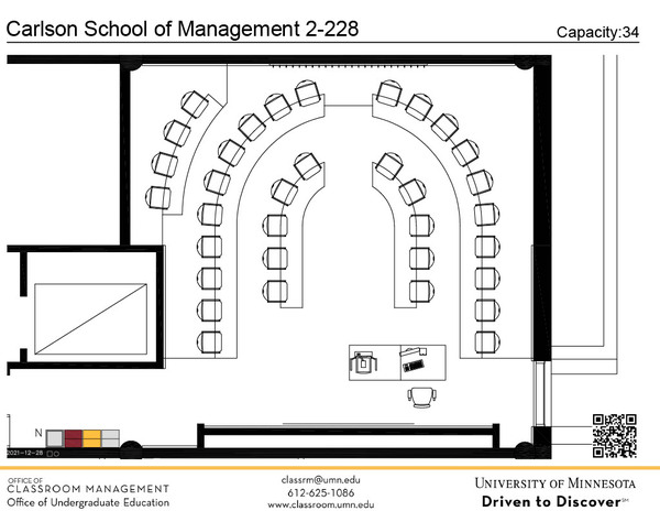 Plan view of the classroom that provides room capacity, seating locations and exits. A QR code links to room schedule and contact information is in the footer