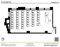 Plan view of the classroom that provides room capacity, seating locations and exits. A QR code links to room schedule and contact information is in the footer