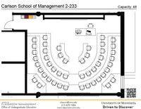 Plan view of the classroom that provides room capacity, seating locations and exits. A QR code links to room schedule and contact information is in the footer