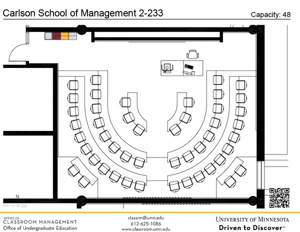 Plan view of the classroom that provides room capacity, seating locations and exits. A QR code links to room schedule and contact information is in the footer