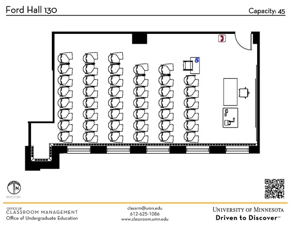 Plan view of the classroom that provides room capacity, seating locations and exits. A QR code links to room schedule and contact information is in the footer