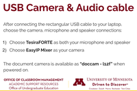 Instructions for the USB cable, noting that the mic and speaker will be provided as ¿TesiraFORTE¿ and the camera as ¿EasyIP Mixer¿