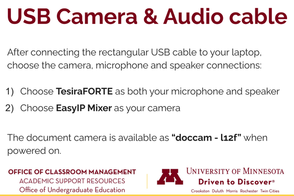 Instructions for the USB cable, noting that the mic and speaker will be provided as ¿TesiraFORTE¿ and the camera as ¿EasyIP Mixer¿