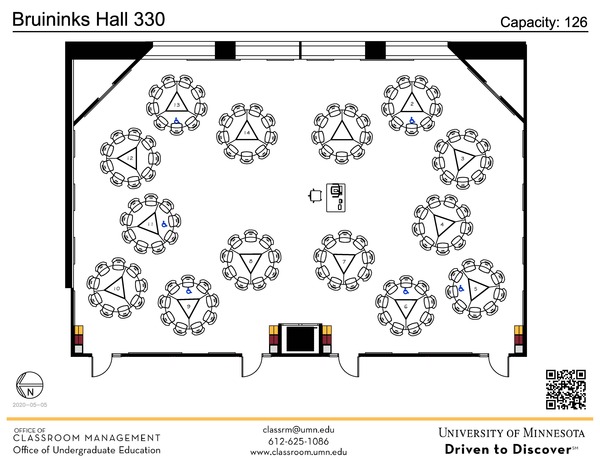 Plan view of the classroom that provides room capacity, seating locations and exits. A QR code links to room schedule and contact information is in the footer