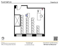 Plan view of the classroom that provides room capacity, seating locations and exits. A QR code links to room schedule and contact information is in the footer