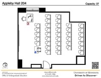 Plan view of the classroom that provides room capacity, seating locations and exits. A QR code links to room schedule and contact information is in the footer