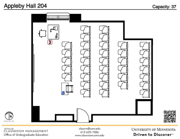 Plan view of the classroom that provides room capacity, seating locations and exits. A QR code links to room schedule and contact information is in the footer