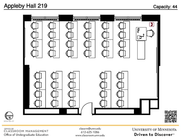 Plan view of the classroom that provides room capacity, seating locations and exits. A QR code links to room schedule and contact information is in the footer