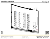 Plan view of the classroom that provides room capacity, seating locations and exits. A QR code links to room schedule and contact information is in the footer