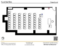 Plan view of the classroom that provides room capacity, seating locations and exits. A QR code links to room schedule and contact information is in the footer