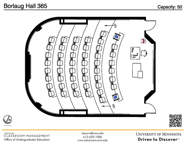 Plan view of the classroom that provides room capacity, seating locations and exits. A QR code links to room schedule and contact information is in the footer