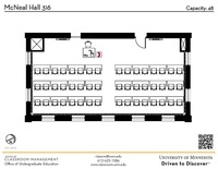 Plan view of the classroom that provides room capacity, seating locations and exits. A QR code links to room schedule and contact information is in the footer