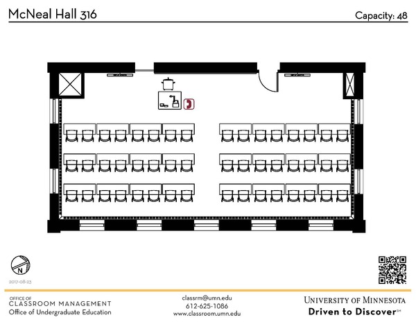 Plan view of the classroom that provides room capacity, seating locations and exits. A QR code links to room schedule and contact information is in the footer