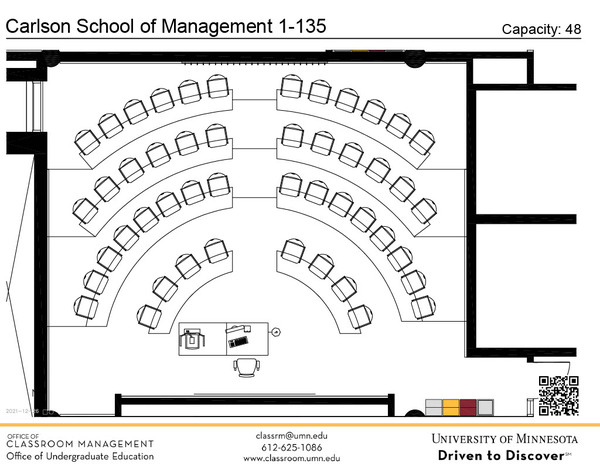 Plan view of the classroom that provides room capacity, seating locations and exits. A QR code links to room schedule and contact information is in the footer